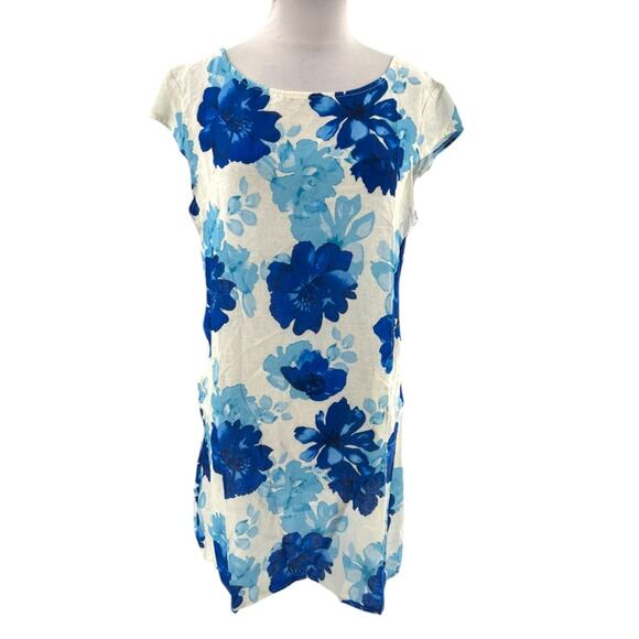 NWT Cristina Vergani Women's Floral Linen BlenD Floral Blue and White Dress Sz M - Picture 1 of 6